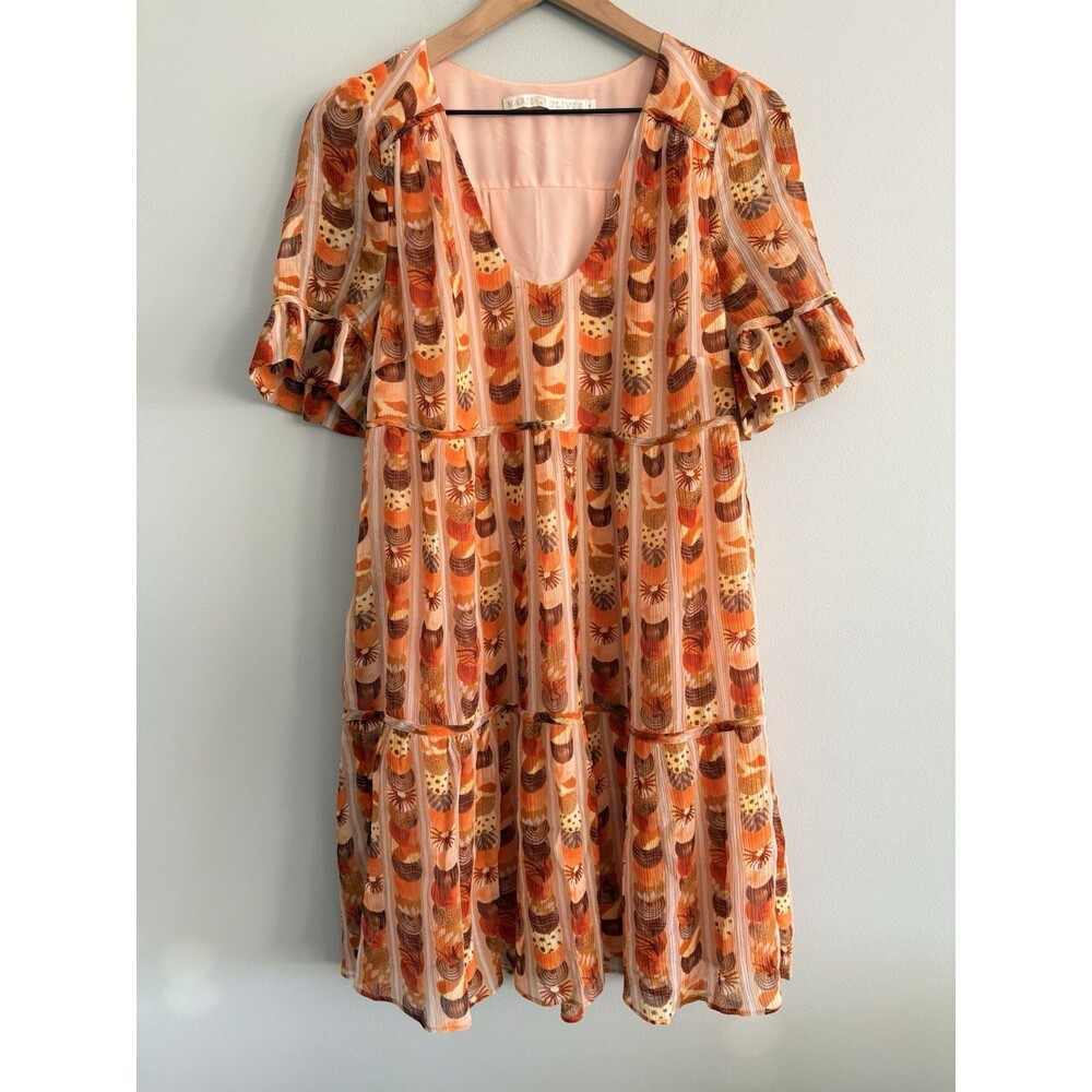 Marie Oliver Dress Orange Brown Mini Flutter Sleeve Women's Size Small